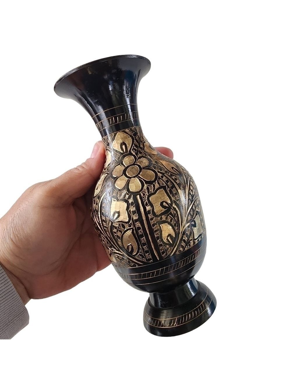 Vintage Indian Brass bud vase etched gold black floral design - Picture 5 of 15